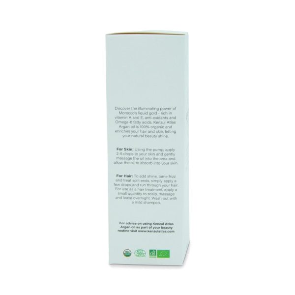 Side panel of the Kenzul Atlas box with usage directions and organic certification marks