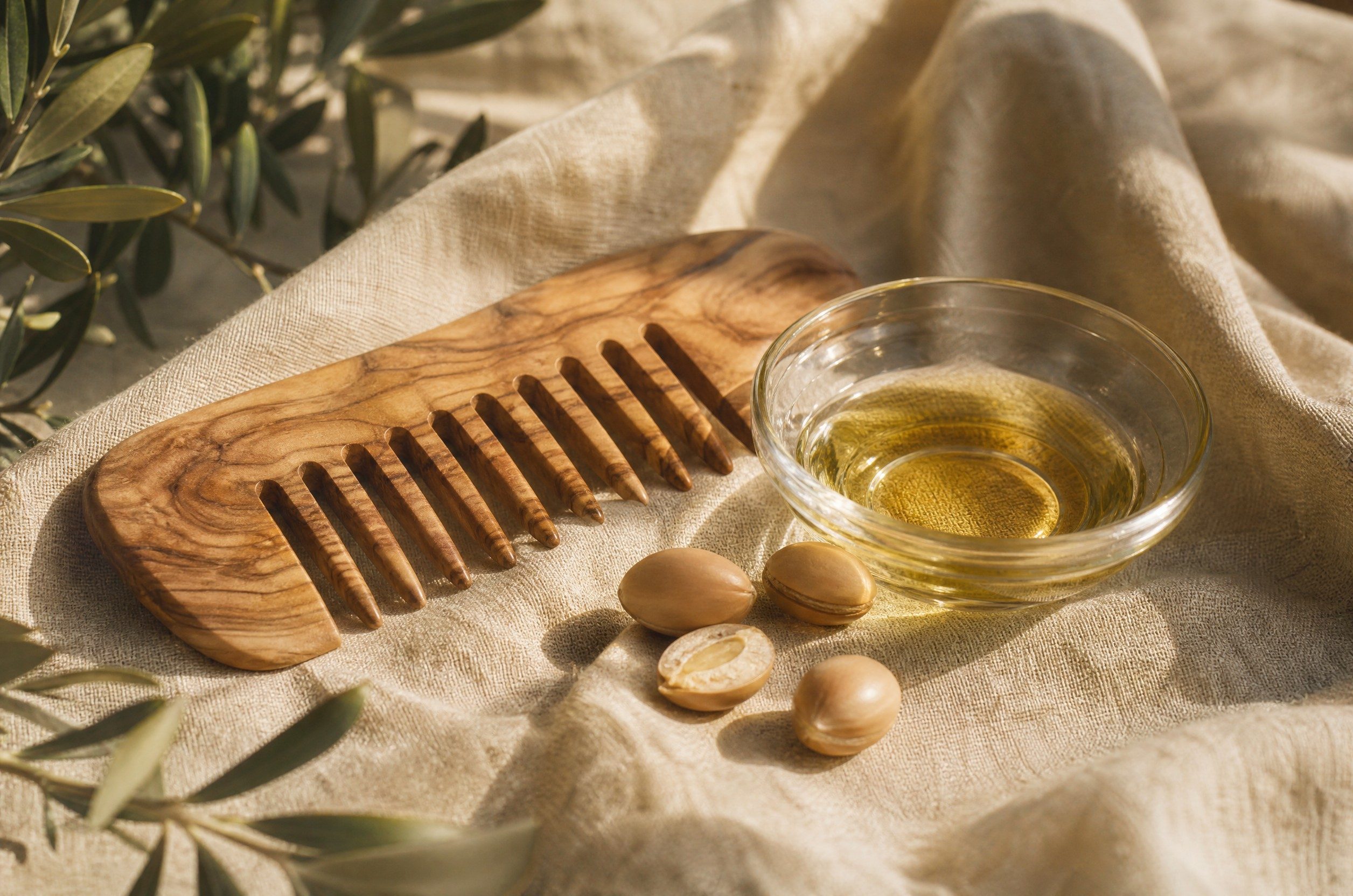 An olive-wood comb on linen beside a small glass dish of golden oil and argan kernels
