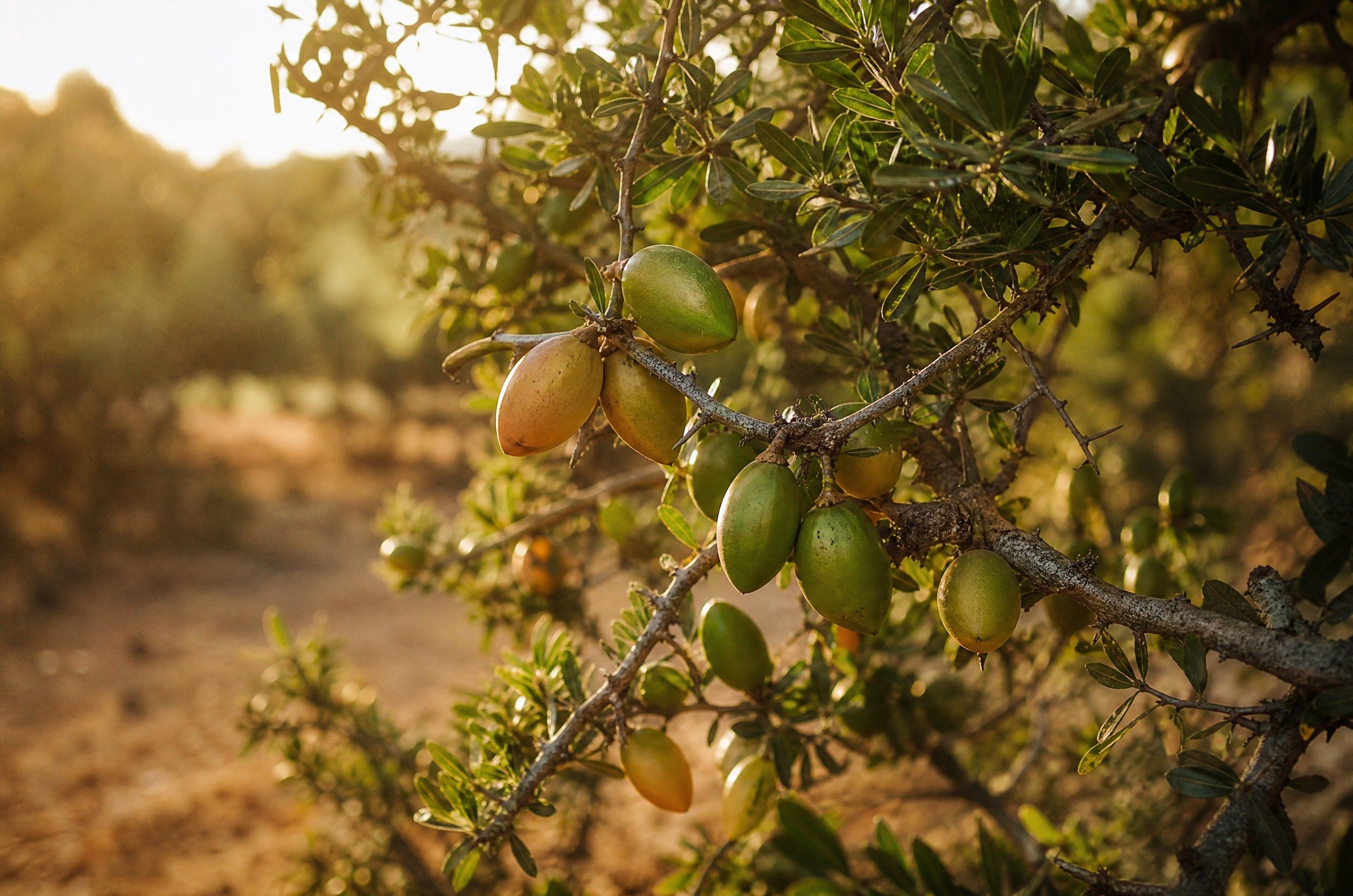 Green and yellow argan fruits ripening on a thorny argan branch in late sun