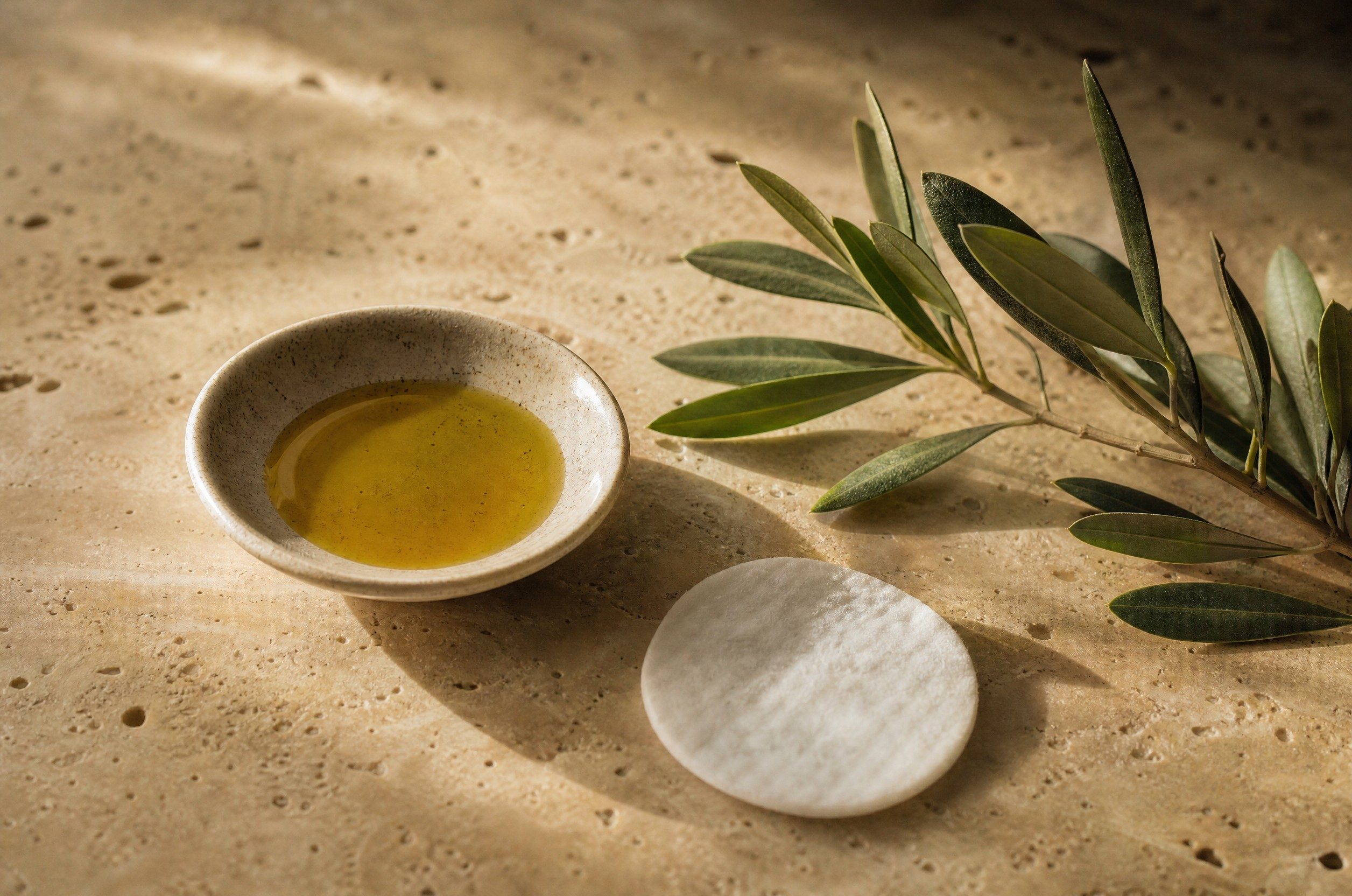 A ceramic dish of golden oil, a cotton pad and an olive sprig on travertine