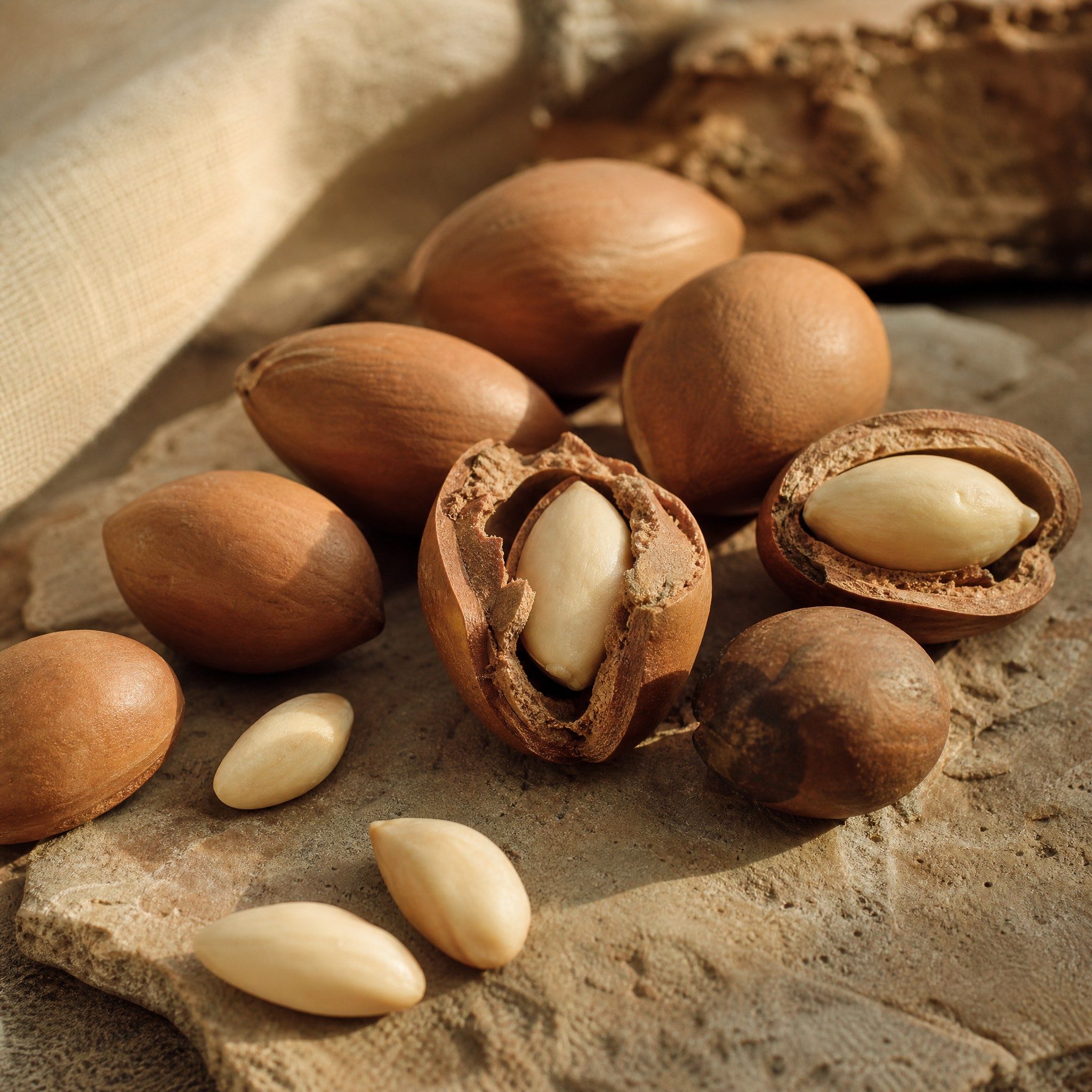 Argan nuts, some cracked open to show pale kernels, on sandstone and linen