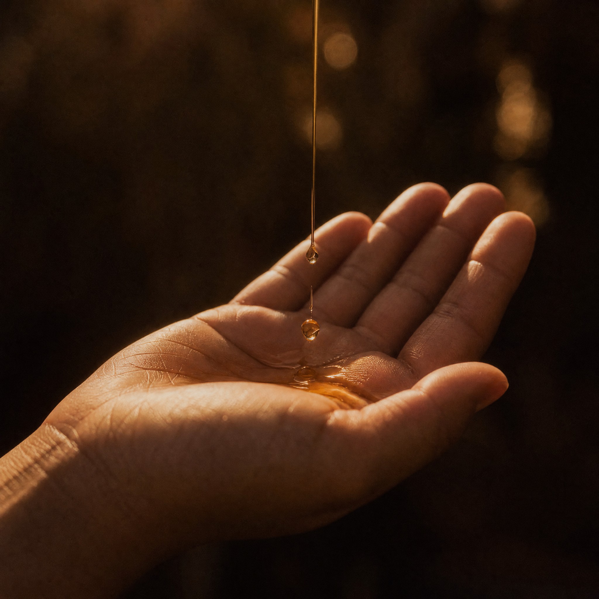 A single golden drop of oil falling into an open palm