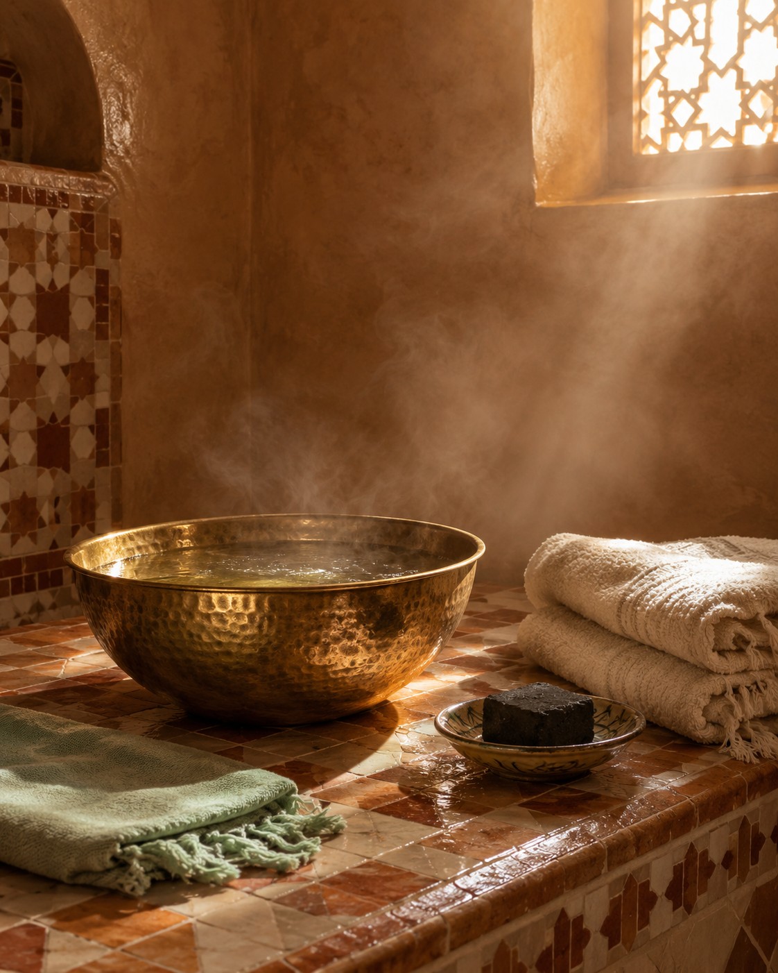 Hammam still life: a hammered brass bowl, folded towels, black soap and a mint cloth on zellige tiles