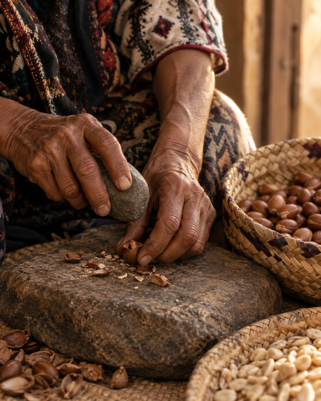 Weathered hands cracking argan nuts with a stone on a flat rock, beside woven baskets of kernels