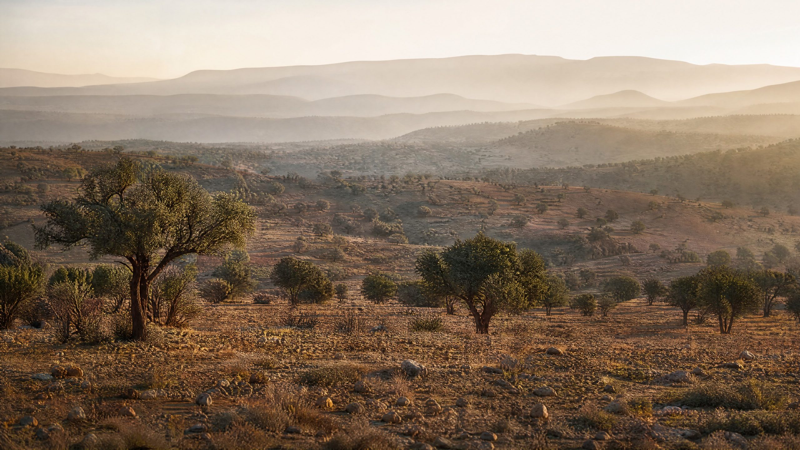 Scattered argan trees across rolling ochre hills in the Souss Valley, soft morning haze